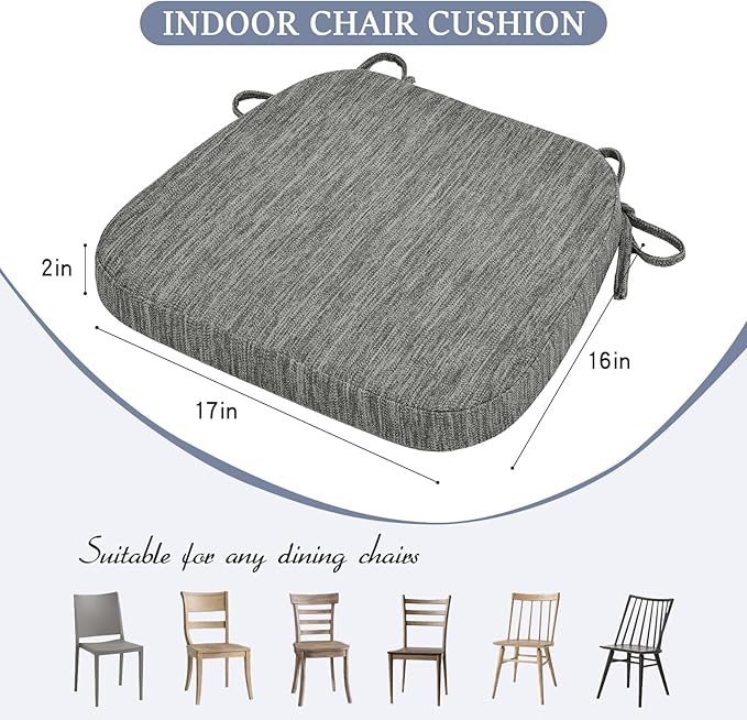 baibu Kitchen Chair Cushions Set of 2, Dual-Layer Patented Design Memory Foam Dining Chair Pads with Ties and Washable Cover, 2 Pack, 17" x 16" x 2", Grey