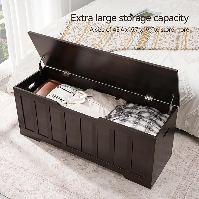 VANKILEY 47.2" Storage Chest Extra Large, Storage Trunk with 2 Safety Hinges, Wooden Storage Bench, Shoe Bench, 47.2x15.7x19.1 Inch, Easy Assembly, for Bedroom, Living Room, Entryway, Espresso