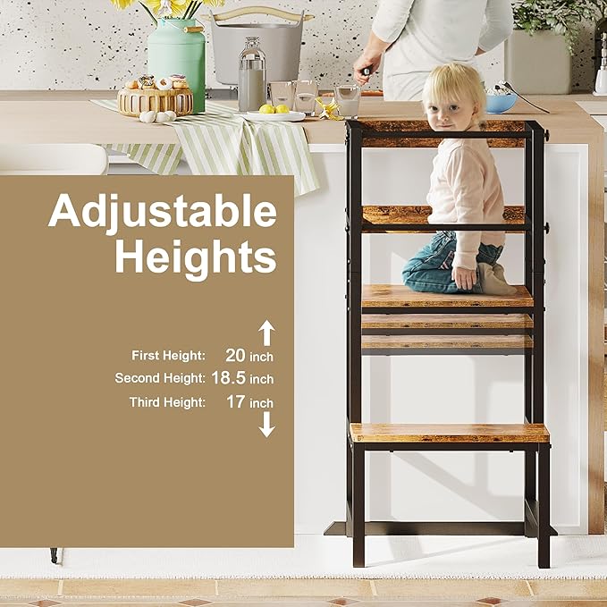 INNOD Kitchen Step Stool for Toddlers, Height Adjustable Toddler Tower with Safety Rail, Steel and Wood Toddler Kitchen Stool Helper Kids, Stool for Kids, Learning Tower, Kids' Desk Brown