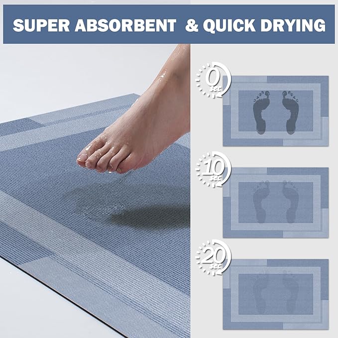 YDKGL Non Slip Long Bathroom Runner Rug Bath Mat, Rubber Backing Ultra Thin Bathroom Rugs Fit Under Door Quick Dry Super Absorbent Washable Shower Mat for Bathtub Sink Floor, Blue 17"x59"