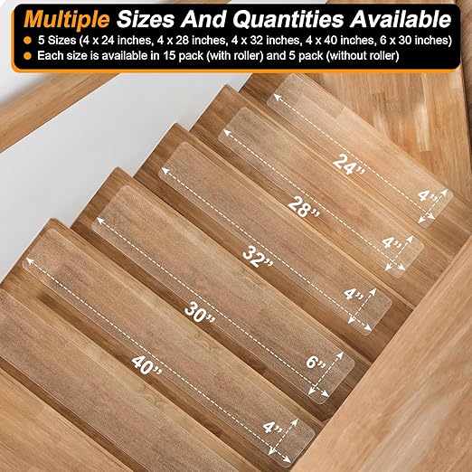 SMILOOL Clear Non-Slip Treads for Wooden Steps Indoor 5 Pack 4" x 24" Pre-Cut Anti-Slip Strips, Grip Tape Transparent Grips for Wood Stairs, Dogs, Kids and Pets, Waterproof