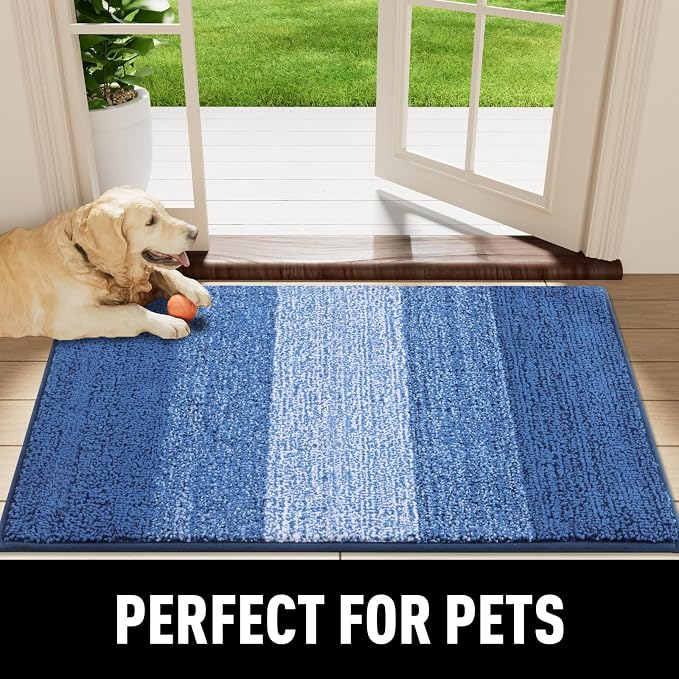 Smiry Dog Door Mat for Muddy Paws, Absorbs Moisture and Dirt, Low-Profile Entryway Mat with Non-Slip Backing, Entry Indoor Outdoor Doormat for Inside Floor (30x20 Inches, Navy Blue, Striped)