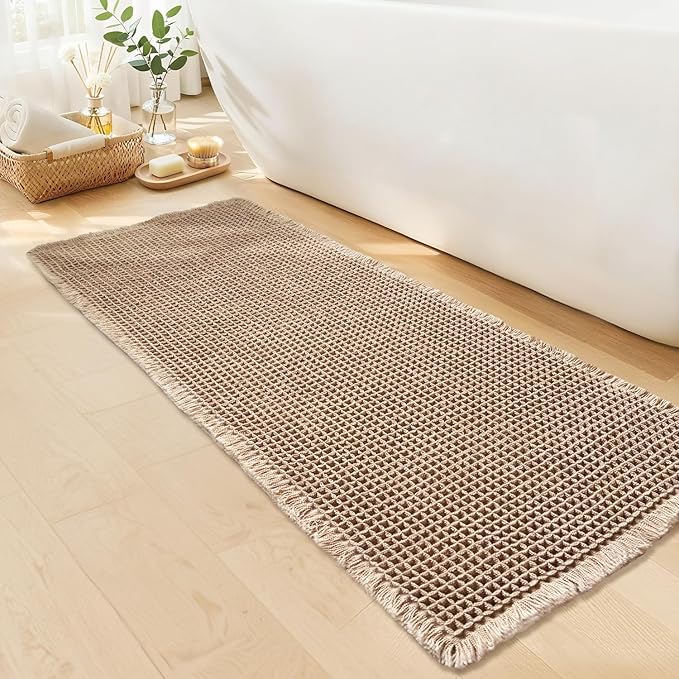 Waffle Bath Mat - Boho Bathroom Rugs Non Slip Washable, Super Absorbent & Quick Dry, Soft Bath Mat Farmhouse Bathroom Decor, 20'' x 48'', Khaki
