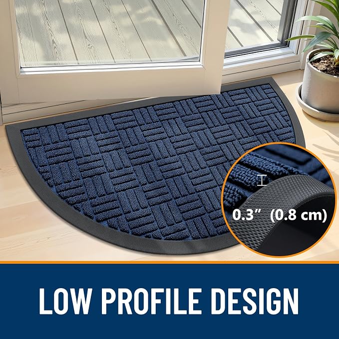 OLANLY Half Circle Door Mat Outside Entrance 29.5x17, Absorbent, Heavy Duty Sturdy Natural Rubber Doormat Indoor Outdoor, Fade Resistant, Non-Slip Backing Low Profile Floor Mat for Entryway, Navy Blue