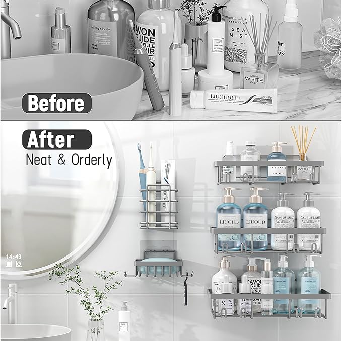 Liuoud 5 Pack Shower Caddy Organizer Rack Shelf for Inside Shower, Self Adhesive Bathroom Wall Storage Basket Rustproof Stainless Steel Large Capacity Shampoo Holder, Grey