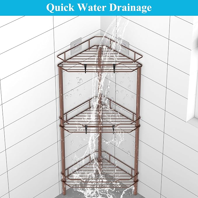 HuggieGems 3 Tier Floor Standing Corner Shower Caddy Organizer Shelf with Hooks, Bathroom Shelves Stand Rack, Coffee