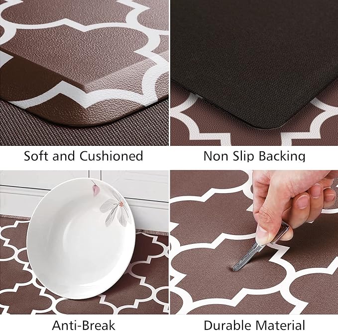 KMAT Kitchen Mat [2 PCS] 0.47in Cushioned Anti-Fatigue Kitchen Rug, Waterproof Non-Skid Heavy Duty PVC Ergonomic Comfort Standing Mat for Floor, Brown