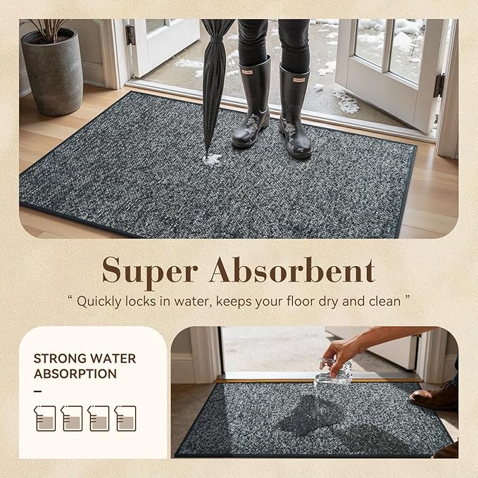 MontVoo Door Mat Indoor Entrance Doormat, Absorbent Durable Rubber Non Slip Front Door Mat for Inside Entry Entryway Dirt Trapper Welcome Mat, Darkgrey 17''x30''