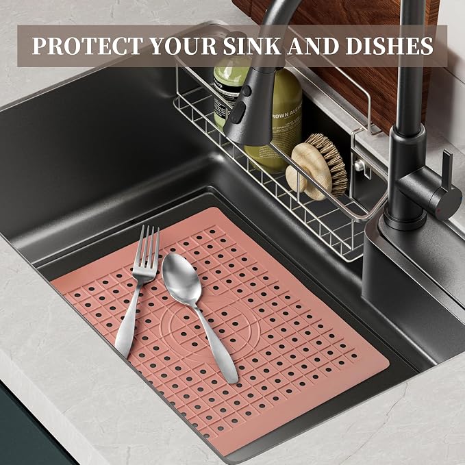 WILLKOMMEN Kitchen Sink Mat, 12" x 10" Rectangular Sink Protector Pad, Fast-Draining Grid Design Liner, Dish Drying Mat , 2 Pack Pink