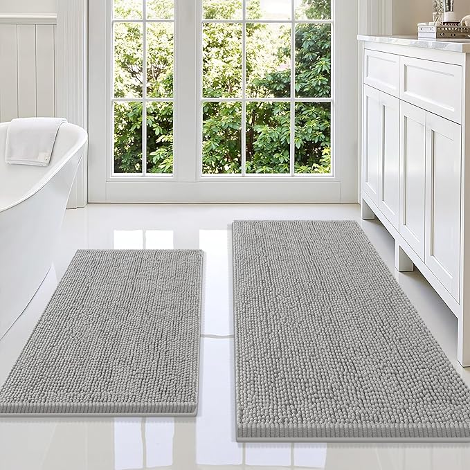 Smiry Bathroom Rugs Sets 2 Piece, Soft Absorbent Chenille Machine Washable Non Slip Shaggy Bath Rug Set for Tub, Shower, and Floor (47x20+30x20, Light Grey)