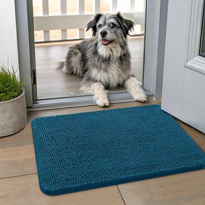 Smiry Dog Door Mat for Muddy Paws 24x16, Absorbent Dirt Trapper, Non-Slip Washable Chenille Entryway Rug for Inside Floor, Atlantic Blue, Classic Solid