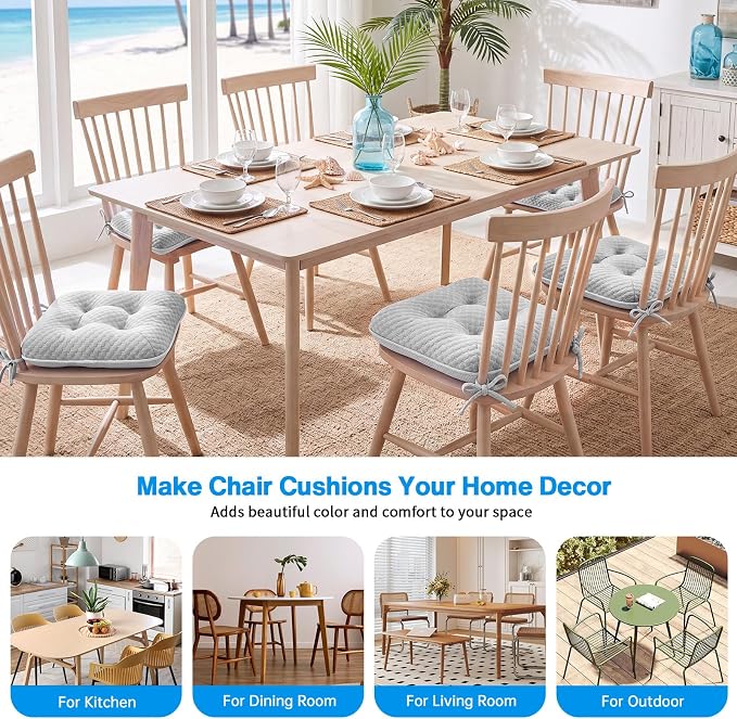 BETU Chair Cushions for Dining Chairs Set of 6,Seat Cushion Kitchen Table Chair Pads with Ties,Non Slip Backing and Covers, Seat Cushions for Dining Room,Bar,Patio Chairs,15.5"X15.5"X3.5",Gray
