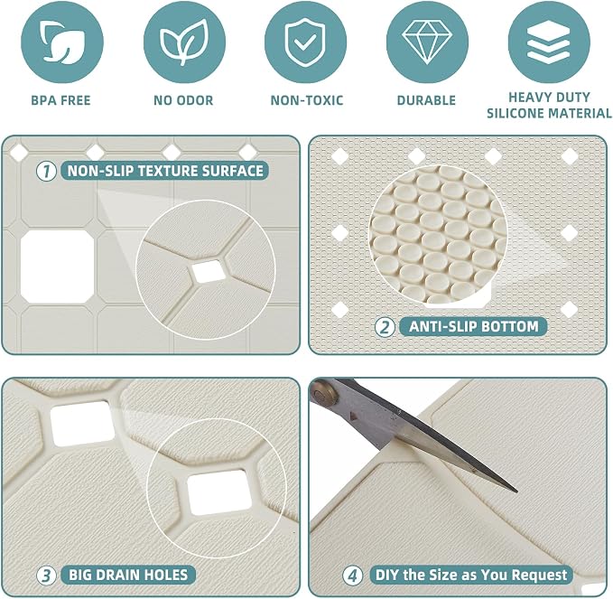 Shower Mat Non Slip Silicone Soft Odorless Bathtub Mat Non Slip No Suction Cups for Refinished,Reglazed and Textured Bath Tub Mat 24 X 24 Inch Beige