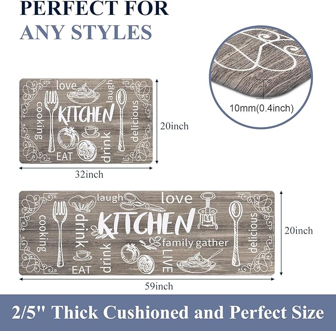 HEBE Kitchen Rugs Set of 2, Cushioned Anti Fatigue Kitchen Mats for Floor, Non Slip Waterproof Comfort Standing Desk Mat Carpet for Sink, Stove, Laundry Room