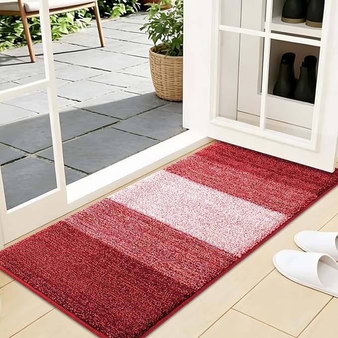 Kitinjoy Indoor Outdoor Door Mat, 44x24 Non-Slip Absorbent Dirt Trapper, Low-Profile Washable Inside Entrance Front Floor Mat, Sturdy Soft Entry Doormats for Entryway, Burgundy