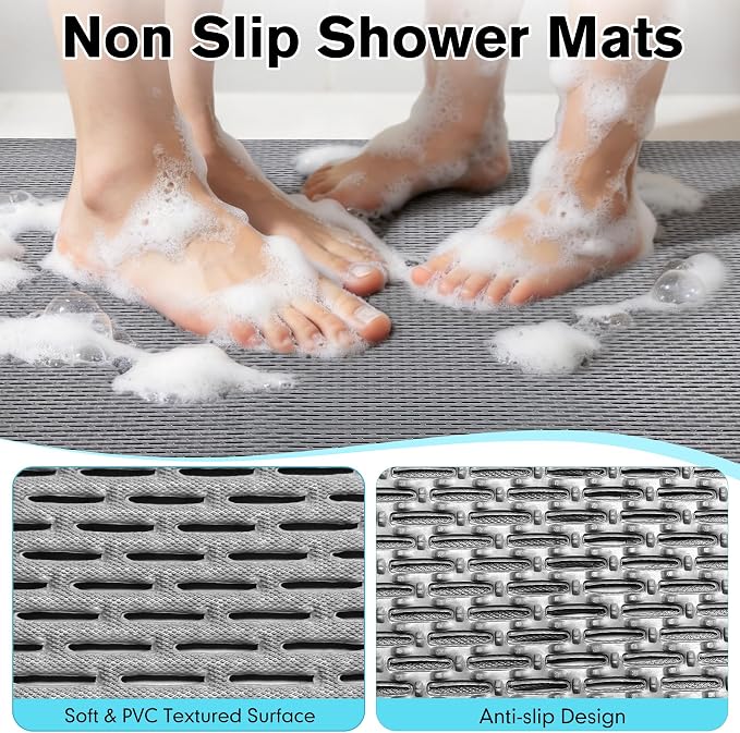 Extra Large Non-Slip Shower Mat, 58.26" x 31.49" Bathroom Shower Mat, Fast-Dry Drainage Hole PVC Bath Tub Mat, Anti Slip Bathroom Safety Accessory for Elderly/Kids, Gray