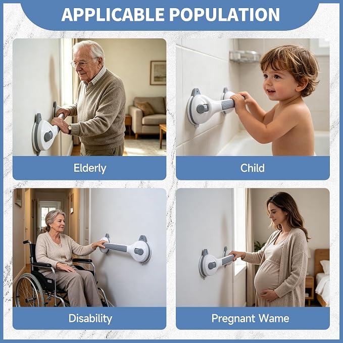 Suction Cup Grab Bars 16.5 Inch, 2 Pack Anti Slip Bathroom Grab Bar, No Drill Handicap Grab Bars, Removable Safety Support Handrail, Assist Bath Shower Handle for Elderly Injury Senior 1.37" Dia