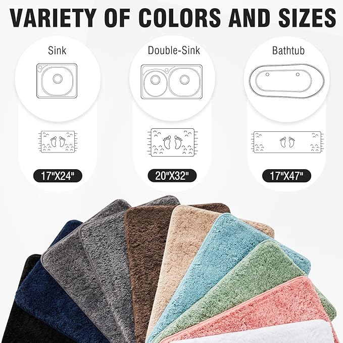 TECHMILLY Super Soft Shaggy Bathroom Rugs, Absorbent Thick Non Slip Microfiber Bath Rugs, Quick Dry Machine Washable Bath Mat for Bathroom Floor, Bathtub and Shower 20"x32"