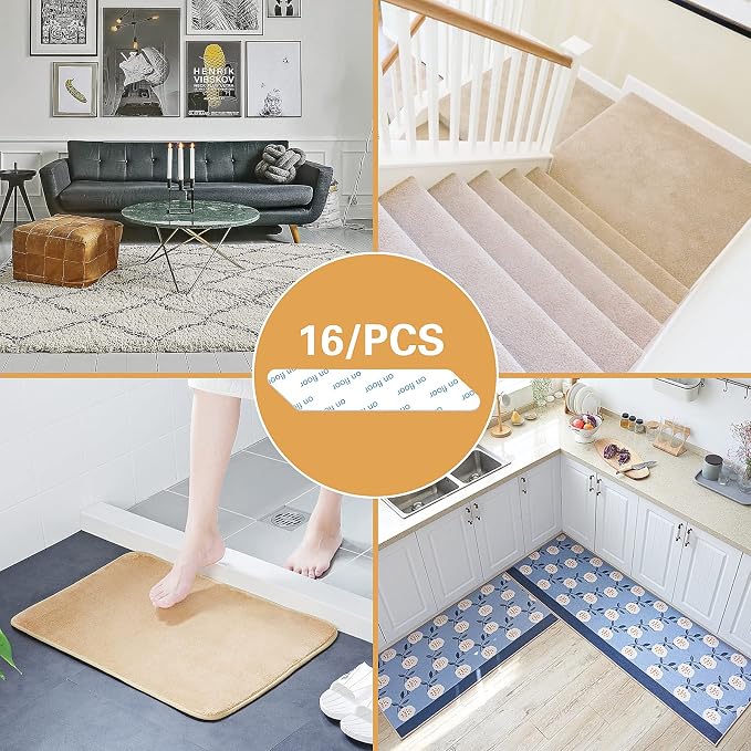 Rug Tape,16 Pcs Dual Sided Washable Removable Rug Stopper for Area Rug, Non Slip Adhesive Prevent Curl for Hardwood Floors and Carpet Corners