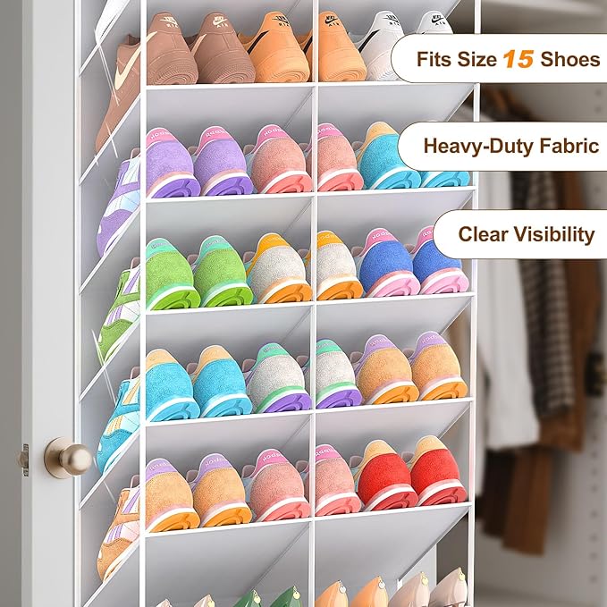 UVIAHOMI 20-30 Pairs Over the Door Shoe Organizer, Clear Pockets Hanging Shoe Storage for Closet, 10-Tier Door Shoes Rack, Handing Shoes Holder Fit All the Family's Sneakers, Boots, Heels, Light Grey