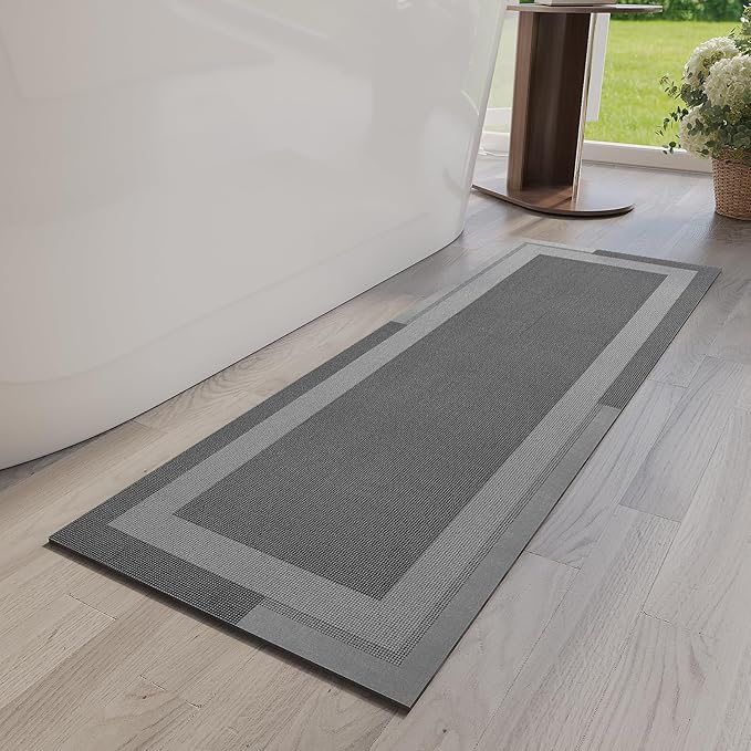 YDKGL Non Slip Long Bath Mat Bathroom Runner, Rubber Backing Ultra Thin Bathroom Rugs Fit Under Door Quick Dry Super Absorbent Washable Bath Rug Shower Mat for Bathtub Sink Floor, Dark Gray 17"x47"