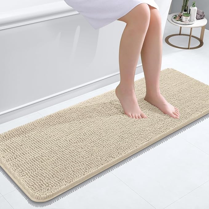 OLANLY Bathroom Runner Rugs 47x17, Extra Soft Absorbent Chenille Bath Rugs, Rubber Backing Quick Dry, Machine Washable Long Bath Mats for Bathroom Floor, Tub and Shower, Home Decor Accessories, Sand