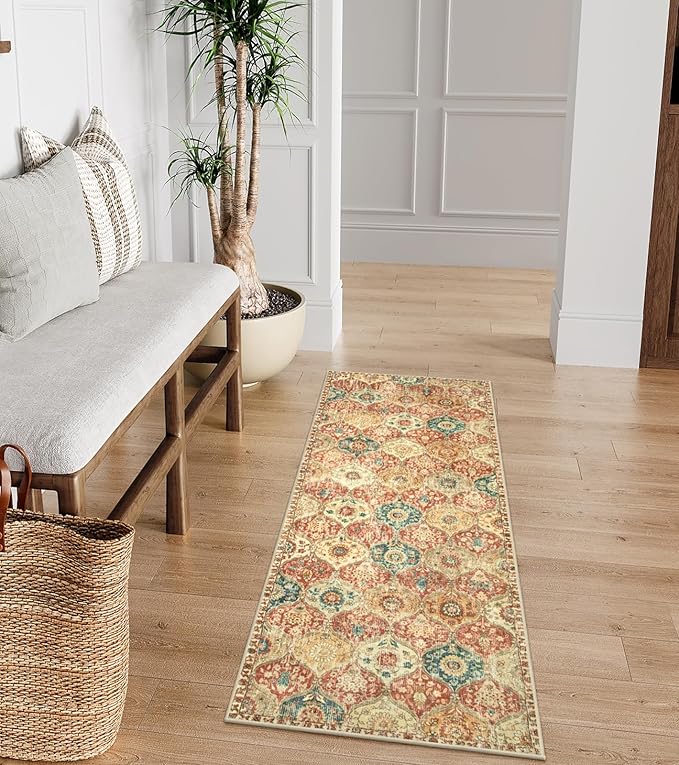 Lahome Moroccan Trellis Hallway Rug, 2x5 Washable Runner Rug Non Slip Kitchen Runners for Hallways, Ultra-Thin Vintage Carpet for Bedroom Bathroom Entryway Elise, Red/Orange