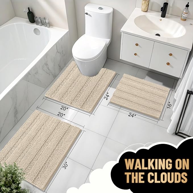 OLANLY Thick Bathroom Runner Rugs 59x24, Absorbent Chenille Striped Bath Rugs, Rubber Backing, Machine Wash Dry, Extra Long Bath Mats for Bathroom Floor, Tub and Shower, Home Decor Accessories, Sand