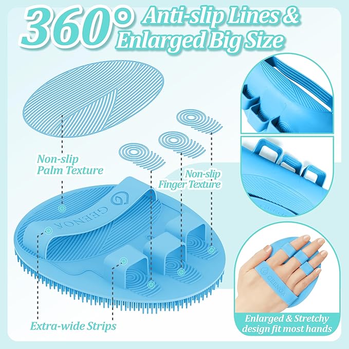 Silicone Back Scrubber & Bath Glove Set 2PCS, 13.4'' Gentle Shower Back Scrubber with Dual-Side Head Non-Slip Handle, 360° Anti-Slip Hand-fit Bath Glove for Rich Foaming Deep Cleaning(Blue)