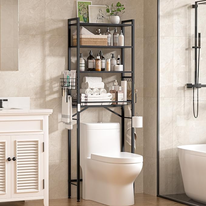 TETOTE Over-The-Toilet Storage Rack, 4-Tier Bathroom Organizer Shelf Over Toilet with Adjustable Shelf and Basket, Freestanding Space Saver Bathroom Shelves Above Toilet for Room(Black)