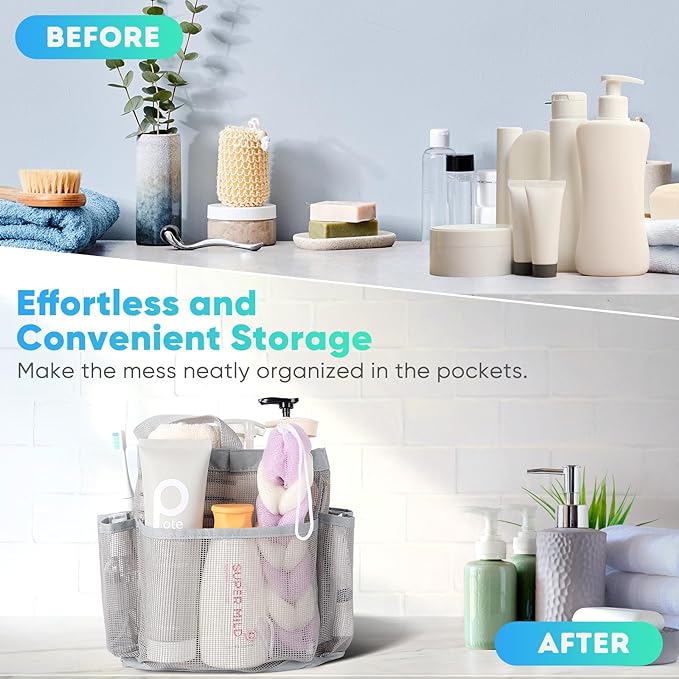EUDELE Mesh Shower Caddy Portable for College Dorm Room Essentials, 8-Pocket Large Capacity Shower Bag for Beach, Swimming, Gym Pack