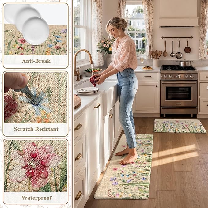 KIMODE Anti Fatigue Kitchen Mat, 17"x47"+17"x29" Floral Kitchen Rugs Sets of 2, Farmhouse Kitchen Floor Mats Non-Slip Cushioned, Comfort Standing Desk Mat for Sink, Laundry,Home Brown