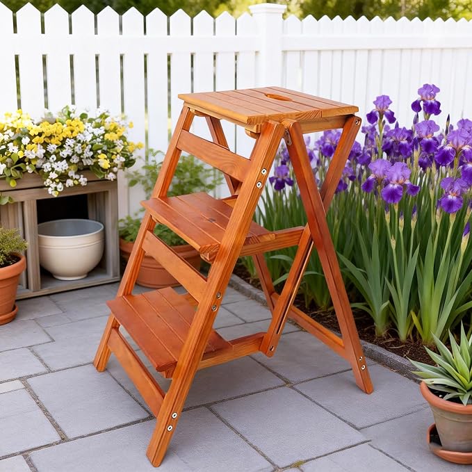 3-Step Ladder Stool, Wooden Folding Step Stool for Home & Kitchen, Solid Pine with Non-Slip Steps & Anti-Scratch Shoe Covers, 337lb Weight Capacity, Space-Saving, No Assembly Required (Brown)