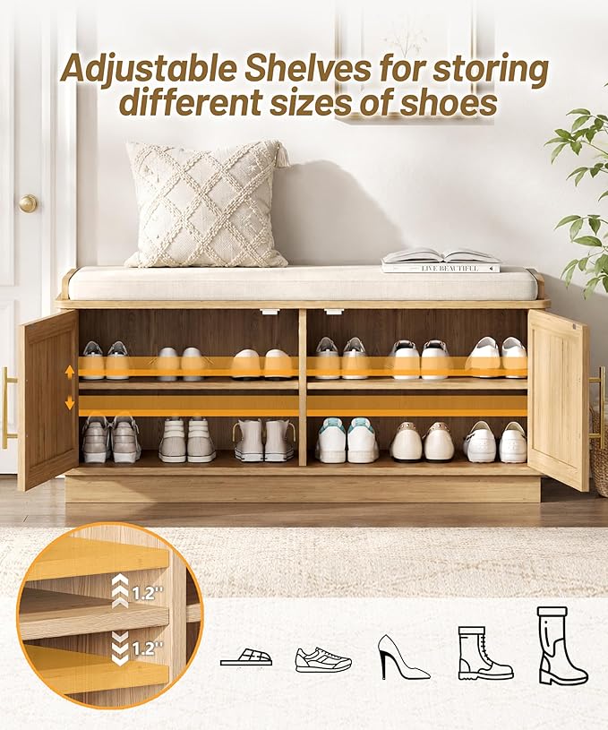 Akxomel Fluted Shoe Storage Bench with Cushion, 39.4" Entryway Bench with Adjustable Shelves and 2 Doors, Shoe Cabinet Bench with Curved Profile, for Hallway, Living Room, Bedroom, Natural Oak
