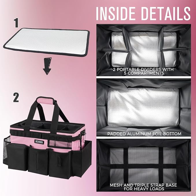 SCAVATA Wearable Cleaning Caddy Bag, Cleaning Caddy Supplies Organizer with Handle & Shoulder Straps for Housekeepers, Under Sink & Car Cleaning Tool Organizers with 4 Foldable Divider (SweetPink)