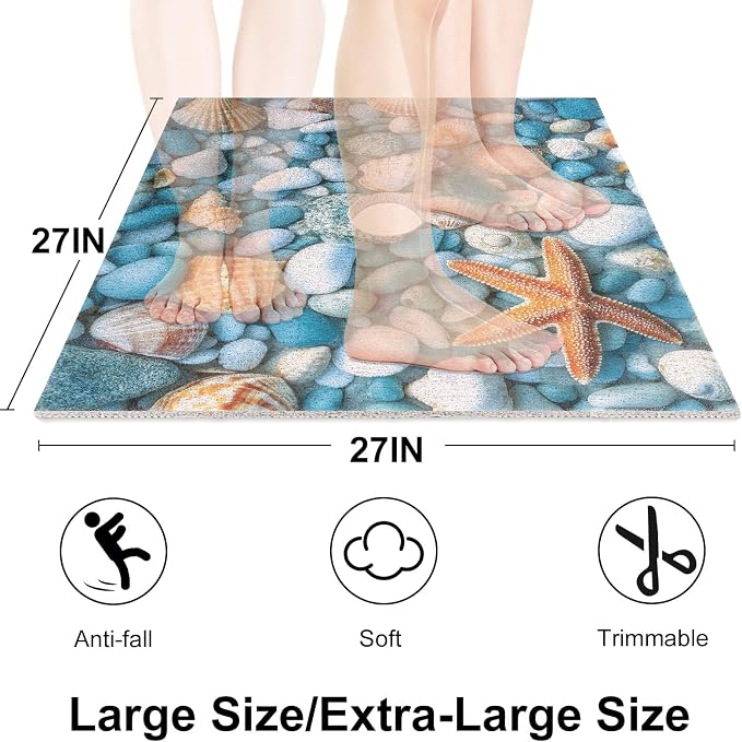 Square Shower Mat, Yonala 27 x 27 Inch Stylish Non Slip Shower Mats for Inside Shower with Central Drain Hole, Soft Trimmable PVC Loofah Anti Slip Shower Mat for Walk in Shower Stall, Quick Drying