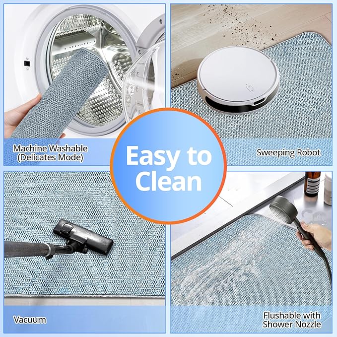 Upgraded Bath Mat 17x27Inch, Thin Bath Mats Rugs with Rubber Backing Non-Slip, Absorbent,Quick Dry Machine Washable, Home Decor Accessories Cozy Cloth Bathroom Rugs fit Under Door/Sink/Tub/Shower-Blue