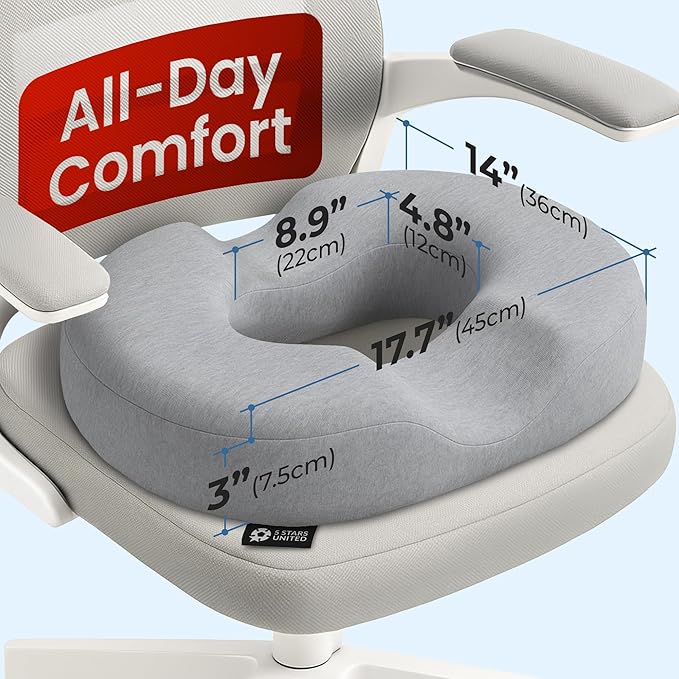 5 STARS UNITED Donut Pillow for Tailbone Pain & Hemorrhoids – Large Memory Foam Seat Cushion for Bed Sore-Prone Areas & Pressure Relief – Prostate, Postpartum & Pregnancy Support, Gray Cotton Cover