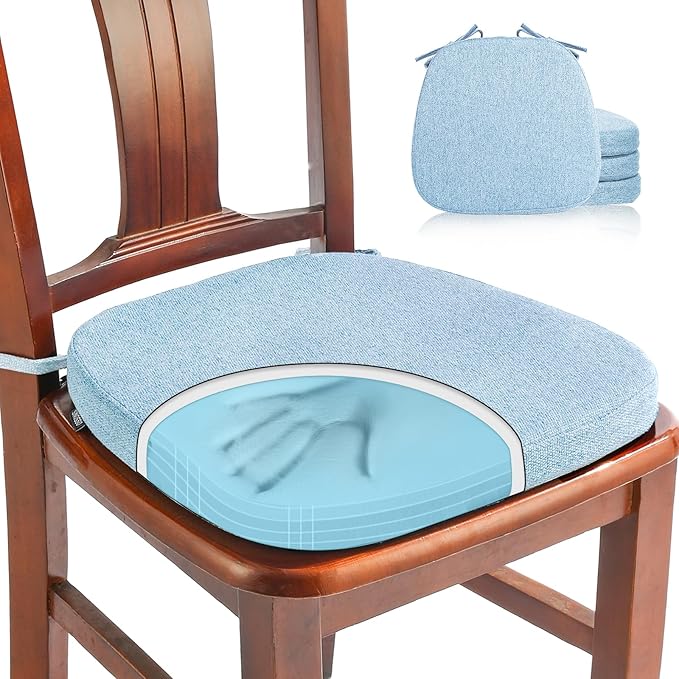 SINOSSO 4 Pack Memory Foam Chair Cushions for Dining Chairs, Friendly Woven Fabric 16" U-Shape Comfortable Kitchen Chair Pads, Removable Slip Resistant Seat Cushions (Set of 4, Water Blue)