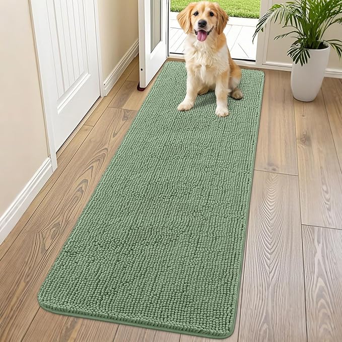 Smiry Dog Door Mat for Muddy Paws 70x24, Absorbent Dirt Trapper, Non-Slip Washable Chenille Entryway Rug for Inside Floor, Olive Green, Classic Solid