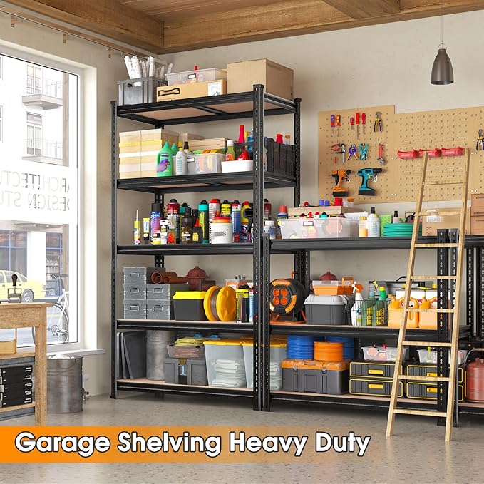 REIBII 2400LBS Garage Shelving Heavy Duty,5 Tier Storage Shelves Adjustable Metal Shelving Unit,Garage Shelves for Basement,Warehouse,Commercial,Pantry,Closet,Kitchen 72x35.55x16,Black