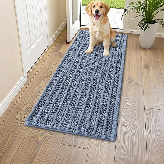 Smiry Dog Door Mat for Muddy Paws 47x20, Absorbent Dirt Trapper, Non-Slip Washable Chenille Entryway Rug for Inside Floor, Airy Blue, Layered Pattern