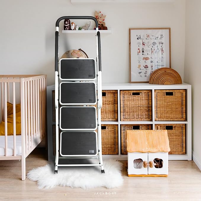 Jack Boss 4 Step Ladder, Requires Simple Installation, Folding Lightweight Step Stool with Handrails and Wide Anti-Slip Pedal for Home, Kitchen and Garage, Service Height 37.8 inch, 400 lbs Capacity