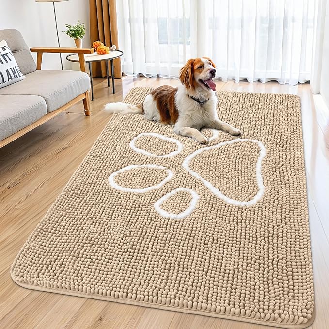 Smiry Dog Door Mat for Muddy Paws, Absorbent Dirt Trapper Non Slip Quick Dry Washable Chenille Mat for Mud Dogs, Entry Rug for Indoor and Outdoor (59x32 Inches, Beige and White)