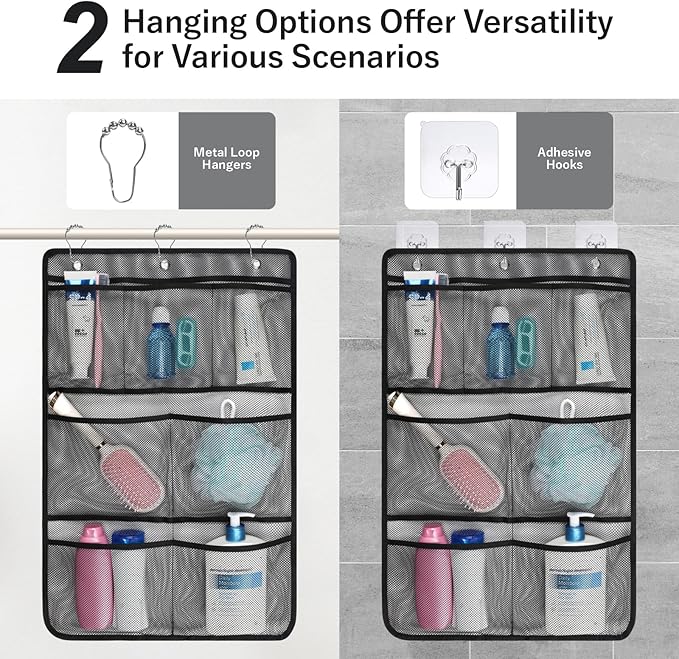 F-color Cruise Essentials 2026 - Mesh Shower Organizer Hanging with 7 Pockets for RV Gym Camping, Quick-Dry Portable Toiletry Bag with Metal Hooks for Bathroom Travel Toiletries, Black