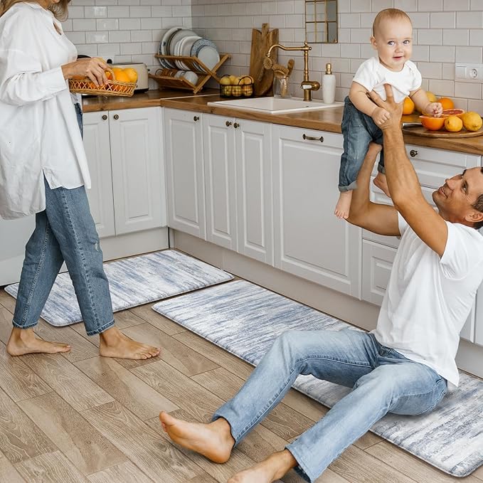 KIMODE Anti Fatigue Kitchen Mats 17"x47"+17"x29", Abstract Kitchen Rugs Sets of 2, Non Slip Kitchen Mats for Floor, Cushioned Comfort Standing Mats for Sink, Laundry, Office, Desk Multi-Blue
