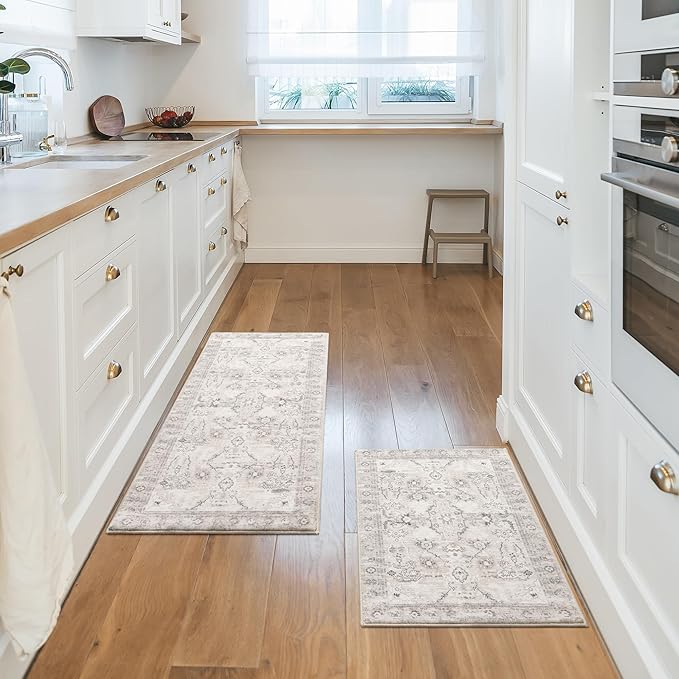 GRANNY SAYS Boho Kitchen Rug Sets of 2, Non Slip Washable Faux Wool Kitchen Mats for Floor, Thick Soft Anti-Fatigue Comfort Standing Mat Runner Rugs for Hallway Laundry Room, Beige