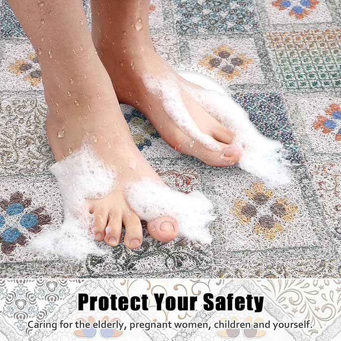 Square Shower Mat Non Slip: 27x27 Inch Extra Large Shower Floor Mat with Drain Hole in Middle - Soft PVC Loofah Bath Mat for Shower - Anti Slip Shower Stall Mat for Elderly and Kids