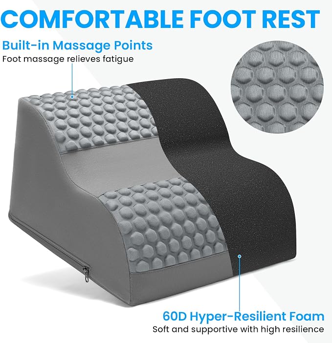 Foot Rest for Under Desk at Work, 3-Tier Foot Stool with Massage Dots and Thick High-Density Foam, Ergonomic Footrest with Washable Cover for Home and Office, Back, Legs & Hip Pain Relief, Grey