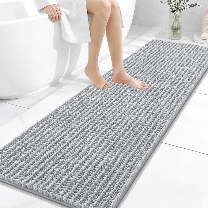 OLANLY Long Bathroom Rugs Runner 59x20, Thick Soft and Absorbent Chenille Bath Mat, Non-Slip, Machine Washable Quick Dry Bath Rugs for Tub Shower Floor, Home Decor Accessories, Light Grey